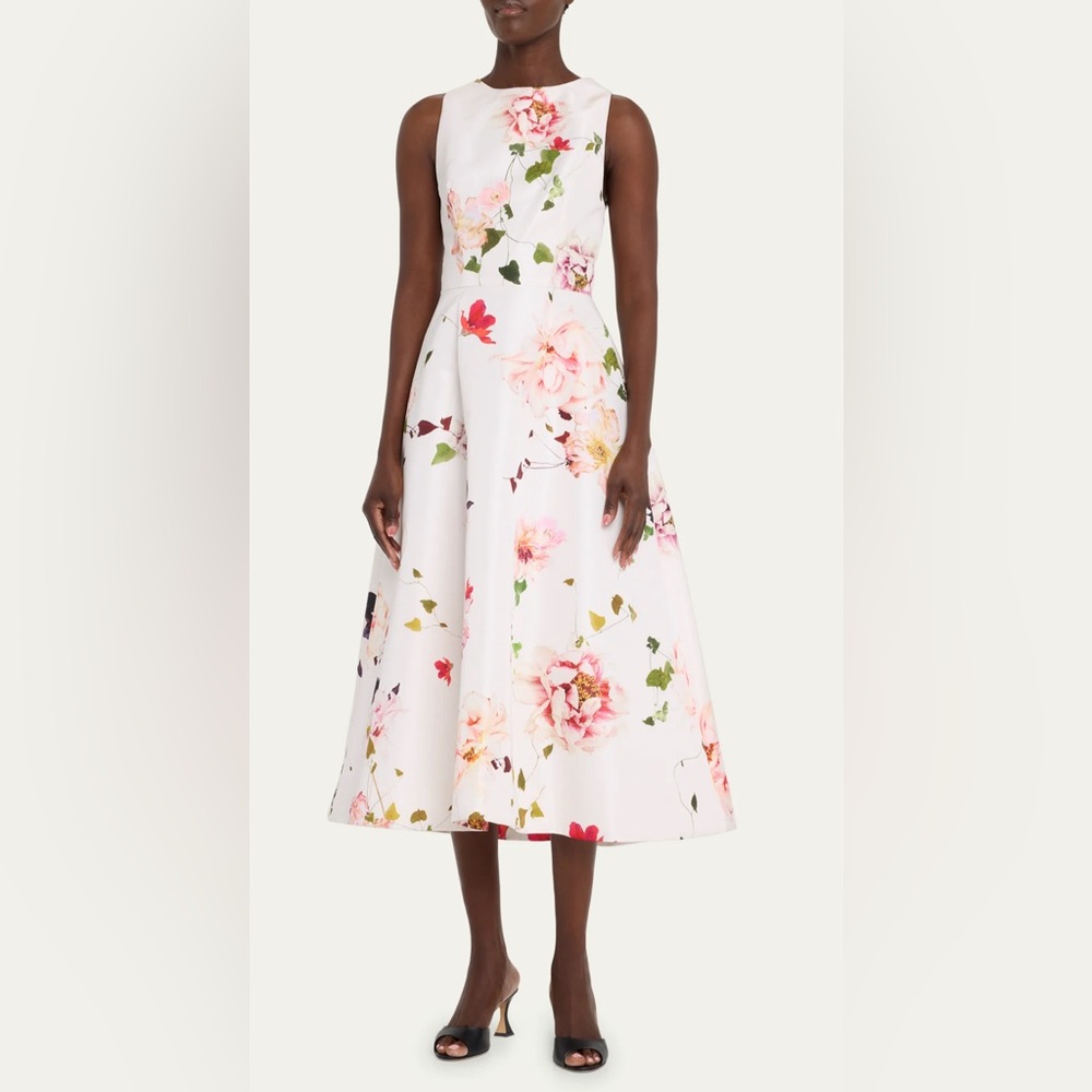 Monique Lhullier sleeveless, jewel neck dress in Floral print silk faille